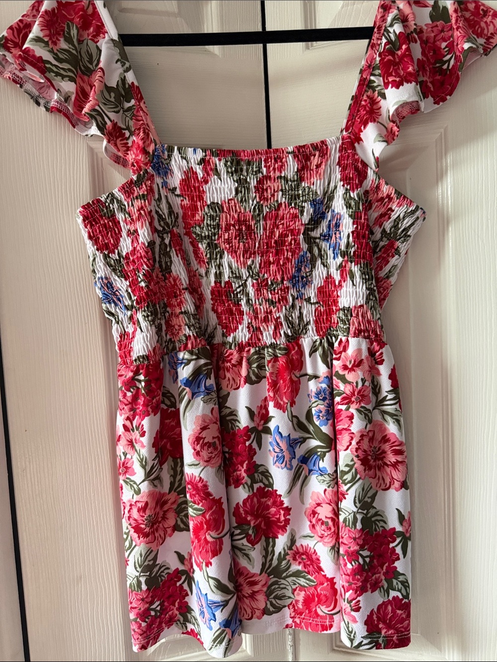 White Floral Smocked Sundress Top with Red & Pink Flowers